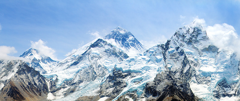 himalaya, panoramic view of himalayas mountain, Mount Everest with beautiful sky and Khumbu Glacier - way to Everest base camp, Khumbu valley, Sagarmatha national park, Nepalese himalayas